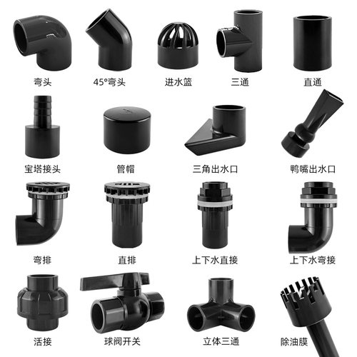 鱼缸水管配件UPVC给水管硬管上下水塑料管直通弯头三通出水口黑色 - 图0