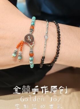 原创天然3mm黑曜石925碎银子海蓝宝双圈极细单戴叠戴精致手链手串