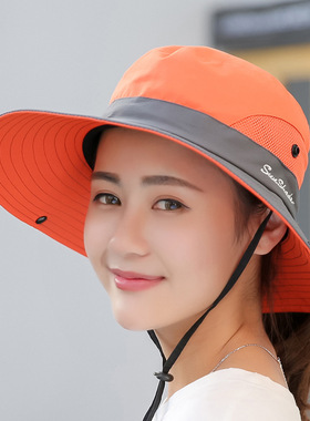 2026夏季女士户外遮阳帽马尾孔渔夫帽防晒太阳帽透气登山帽亲子款