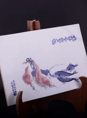 一九六零年黄席珍题竹溪道人王步绘青花釉里红鲜鱼红薯纹瓷板画