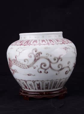 大明永乐年制纯松柴烧制釉里红翼龙飞龙在天纹大罐