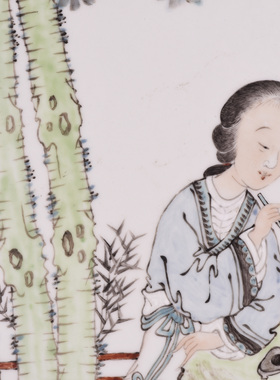 大清乾隆年俞子明作浅绛彩红叶题诗人物故事纹瓷板画