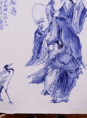 民国竹溪道人王步绘青花麻姑献寿纹瓷板画