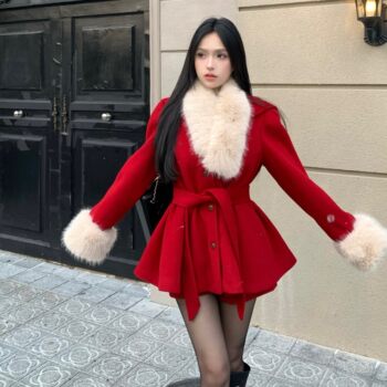 SUSUFUFU Korean velvet Qianjin waisted plus cotton coat heavy industry cloak Christmas outfit temperament suit woolen jacket