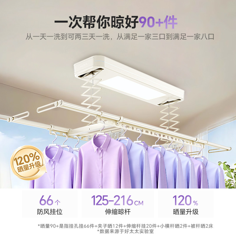 【政府补贴】好太太电动晾衣架小阳台米白家用自动升降智能晾衣杆