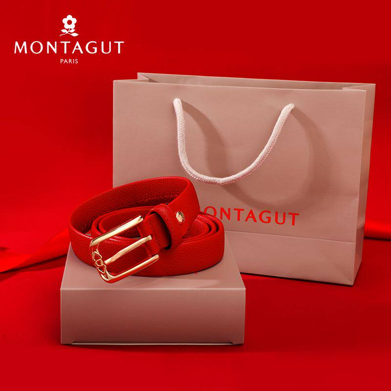 梦特娇女士皮带2025马年本命年红腰带女结婚礼物红色皮带针扣真皮