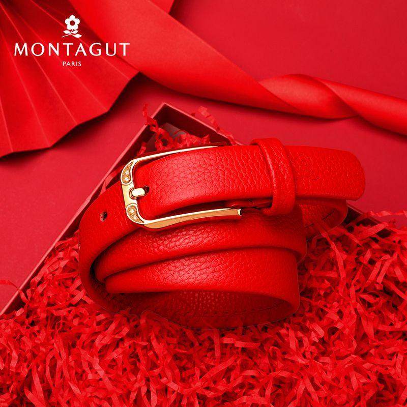 梦特娇女士皮带2025马年本命年红腰带女结婚礼物红色皮带针扣真皮