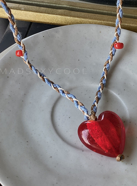 复古彩色编织棉绳红琉璃爱心项链女毛衣链简约文艺风饰品吊坠配饰
