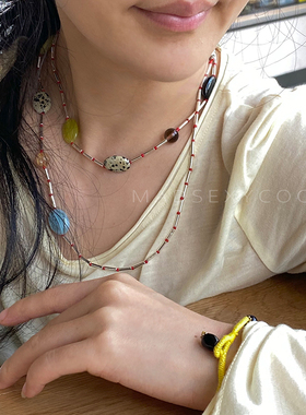 彩色天然石串珠项链长款民族风