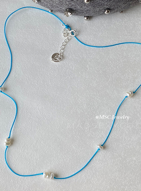 S925纯银海盐蓝极细串珠颈链女珍珠项链天然淡水叠戴锁骨链颈链