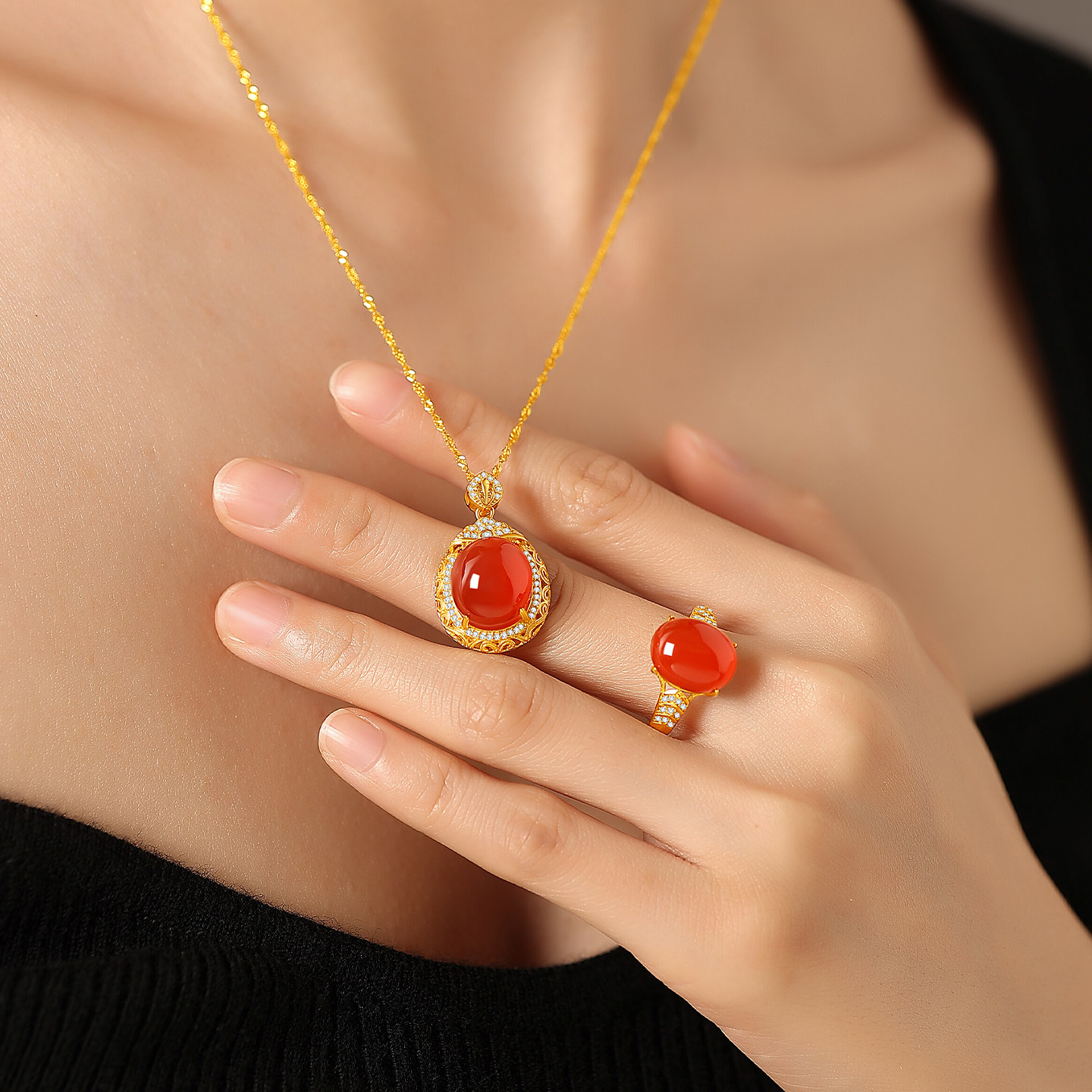 Southern red agate necklace and ring set animal year