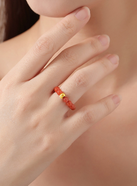 天然凉山南红原矿柿子红足金戒指