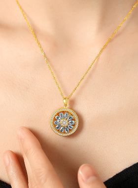 新中式纯银海蓝宝八宝罗盘项链