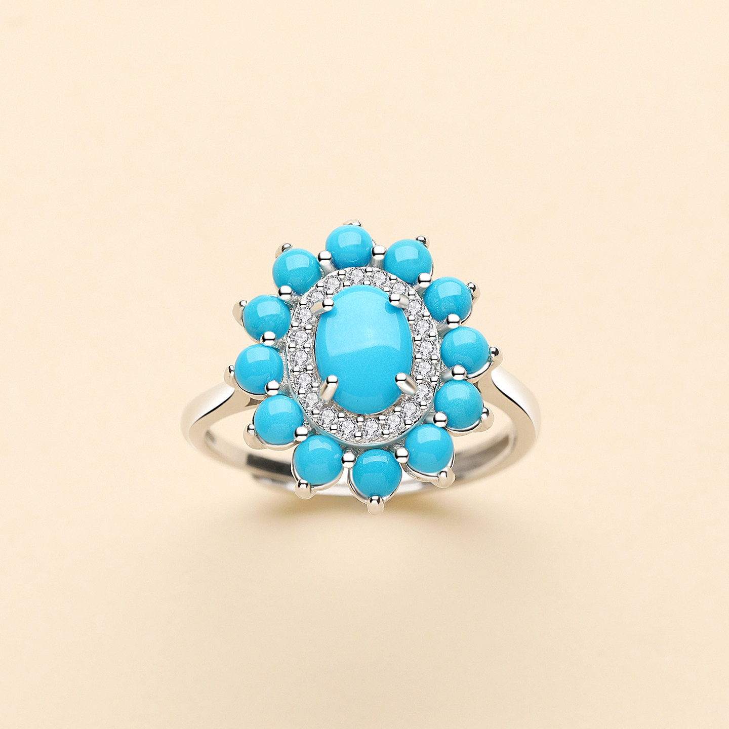 Natural Turquoise Sunflower Sterling Silver Adjustable Women's Ring