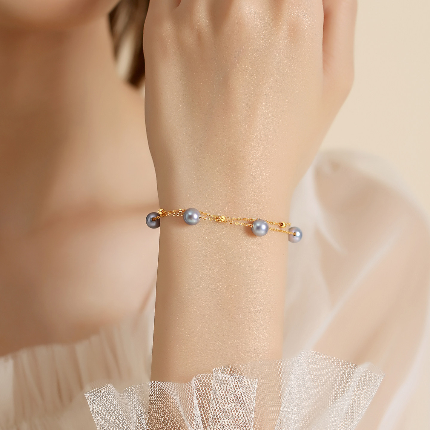 天然海水珍珠手链女18K金双层灰珠精致满天星真多麻色高端手饰品-图2