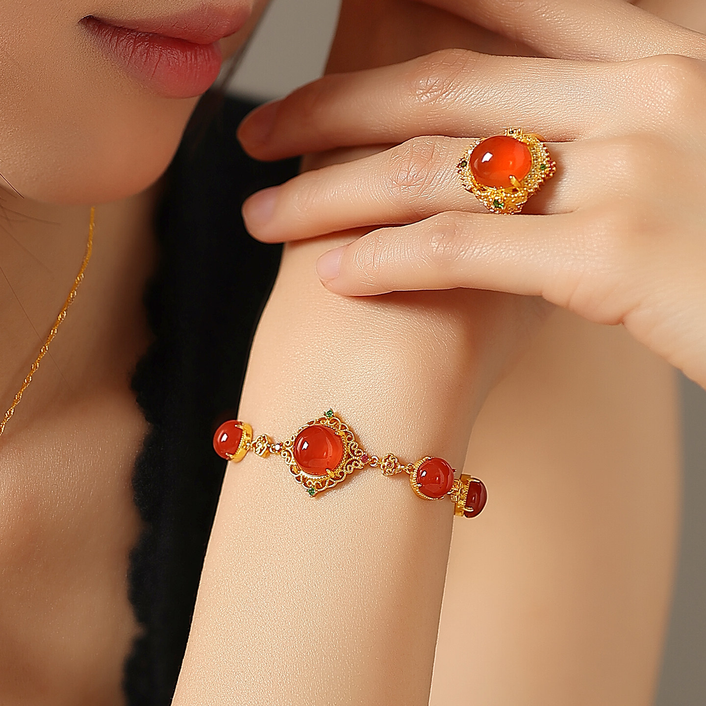 Natural South Red Agate Ice Red Fluorescent Living Ring for Women