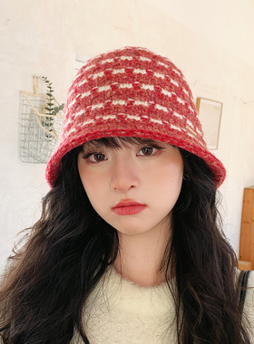条纹渔夫帽子女秋冬大头围素颜遮脸针织毛绒水桶帽显脸小毛线