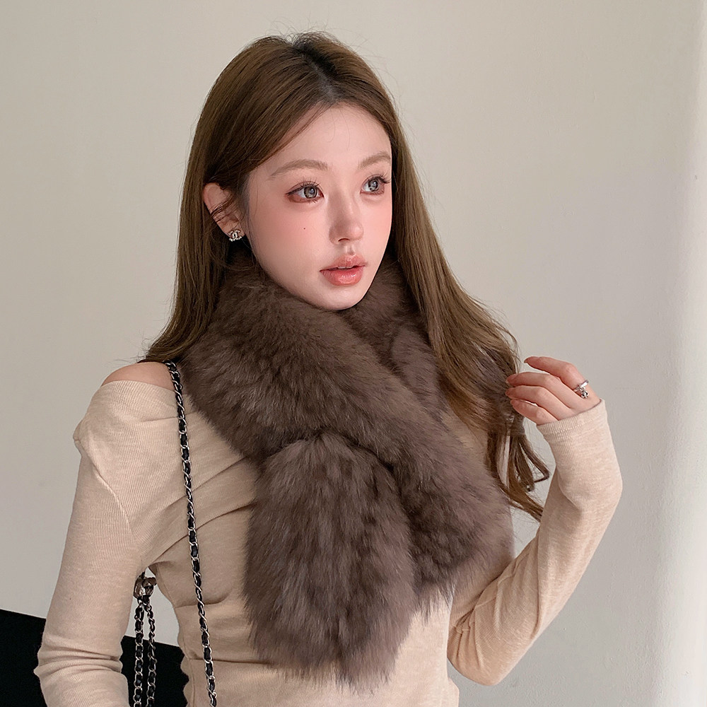 双面编织狐狸毛围巾冬季保暖时尚百搭真毛围脖皮草长款加厚紫貂色