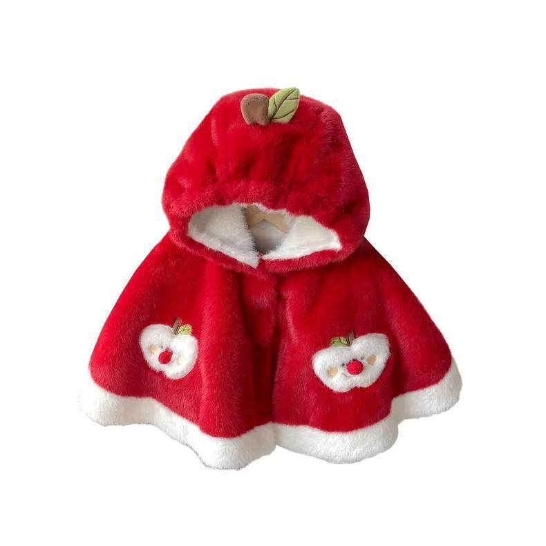 拉果拉2025新款女宝宝秋冬红色苹果毛绒斗篷防风保暖连帽喜庆披肩,淘宝优惠券,粉丝福利购,淘宝优惠卷