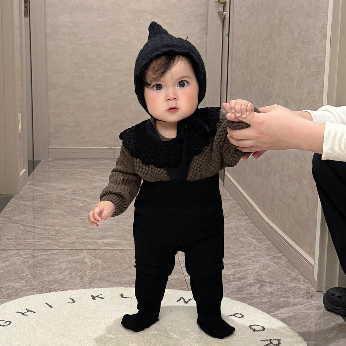 拉果拉婴儿外出冬装宝宝荧绿色毛衣针织衫浅粉加绒举重裤外出套装,淘宝优惠券,粉丝福利购,淘宝优惠卷