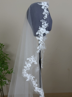 新款新娘头纱白色蕾丝花边长款婚纱礼服配饰婚纱摄影道具旅拍样片