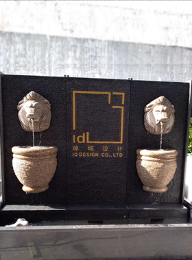 中式风狮子头隔断石材流水摆件