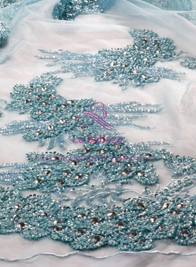 天蓝色超重手工钉珠蕾丝布料 婚纱礼服舞台服装花边面料 辅料