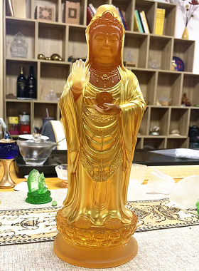 财神老舅古法琉璃普陀观音佛像立莲花南海观世音菩萨居家玄关摆件