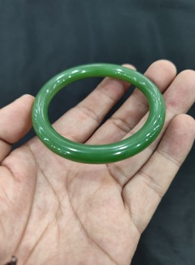 和田碧玉手镯冰底阳绿满绿圆条手镯无裂质地细腻56圈口
