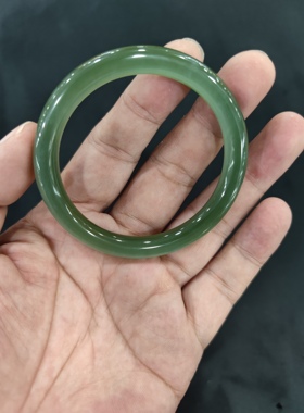 和田碧玉手镯冰底灰白猫眼高闪度中圆条手镯无裂质地干净56圈口