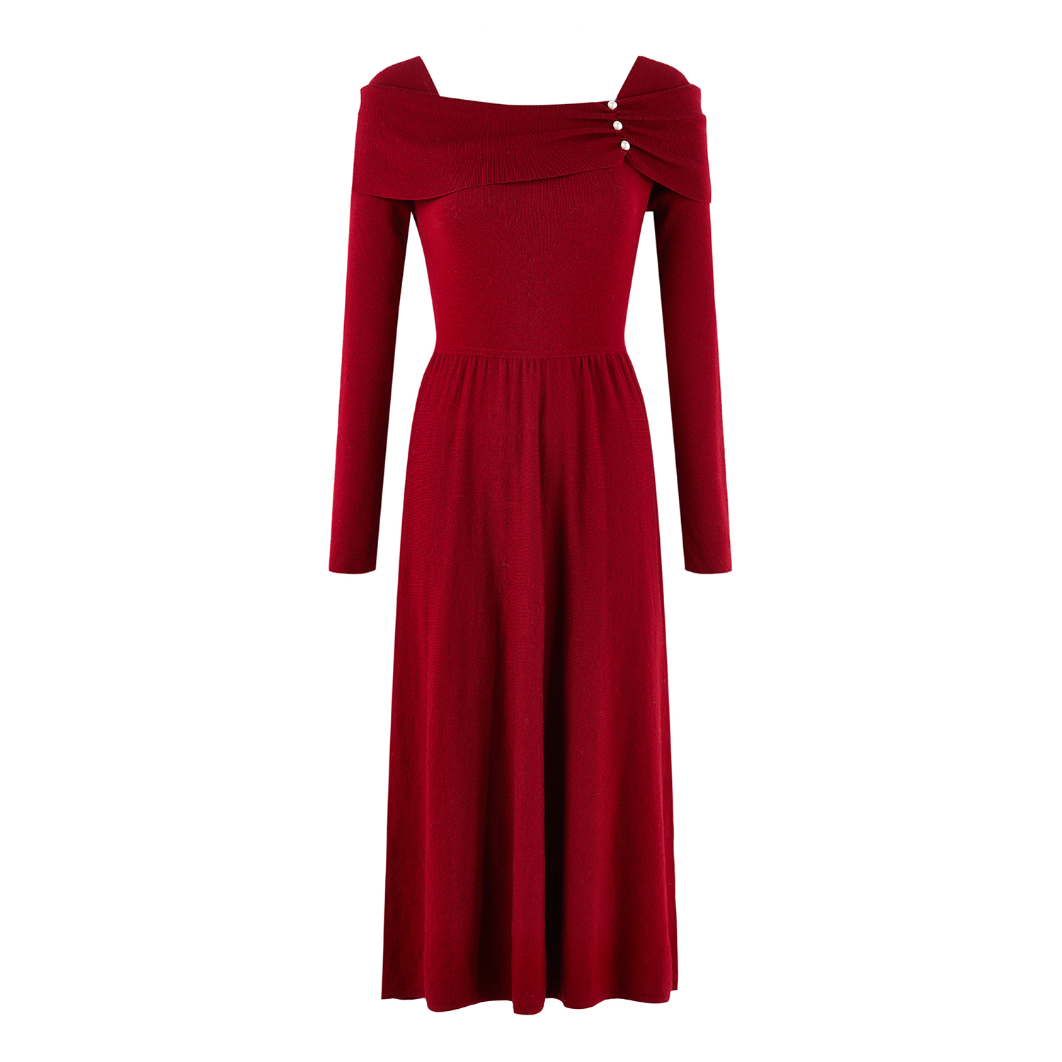 秋水伊人法式红色收腰连衣裙2025年冬季新款女简约珍珠扣针织裙子 - 图3