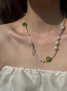 BV绿捷克琉璃天然淡水珍珠项链