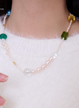 天然淡水珍珠捷克琉璃银箔项链