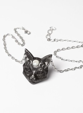 Alchemy Mystic Moon Cat P988 神秘月猫暗黑朋克黑色锡制猫项链