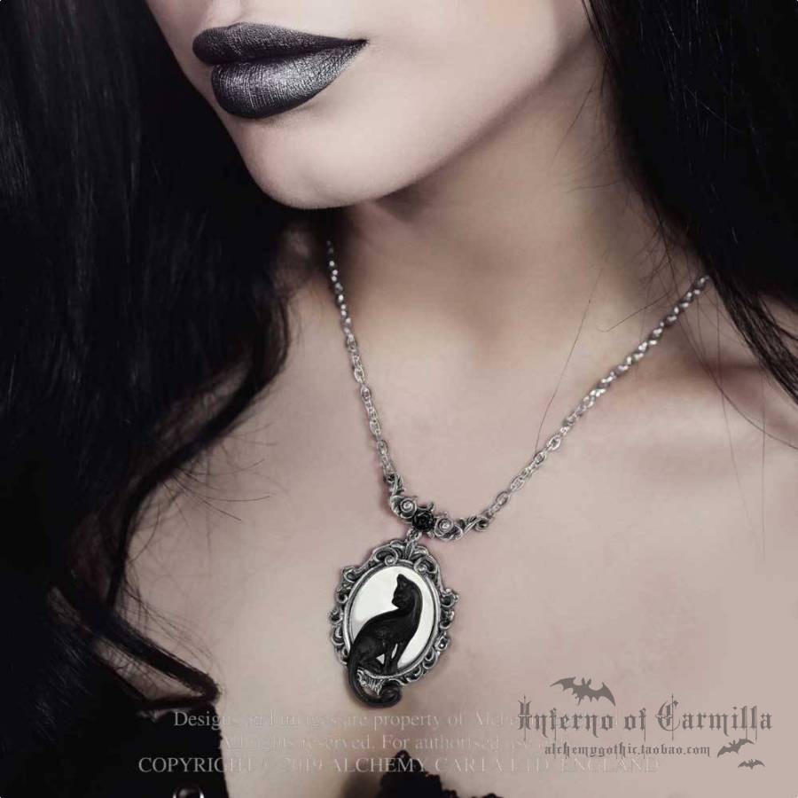 Alchemy Gothic P895 Feline Felicity黑猫玫瑰镜子哥特肖像项链-图0