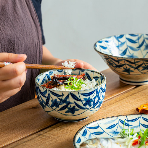 日本进口黄泥桔梗米饭碗陶瓷釉下彩汤碗家用餐具套装复古盘子钵碗 - 图3