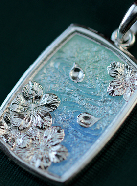 纯银高温珐琅樱花吊坠手工