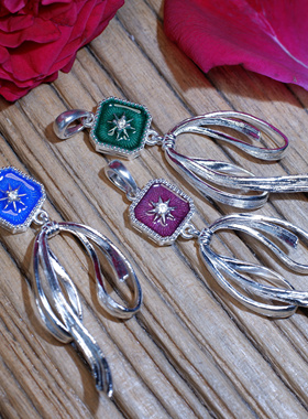 身境饰物‖礼物·新‖镶嵌无色蓝宝 高温珐琅纯银吊坠 /耳钩 双层