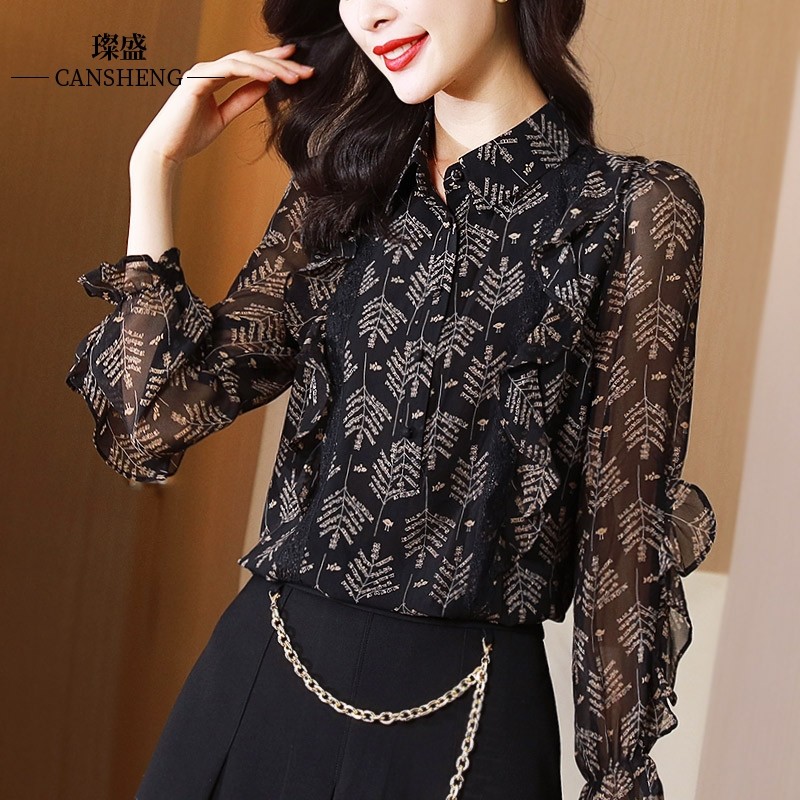 春秋长袖百搭洋气雪纺衫蕾丝衬衫 璨盛蕾丝衫/雪纺衫