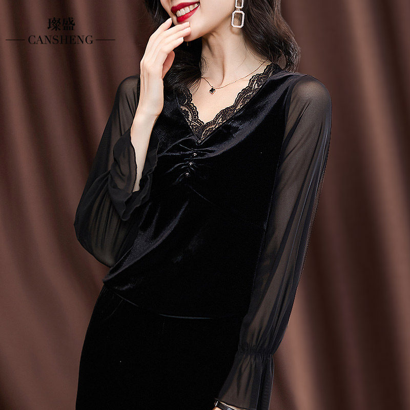 丝绒复古法式胸前镂空蕾丝女小衫 璨盛蕾丝衫/雪纺衫