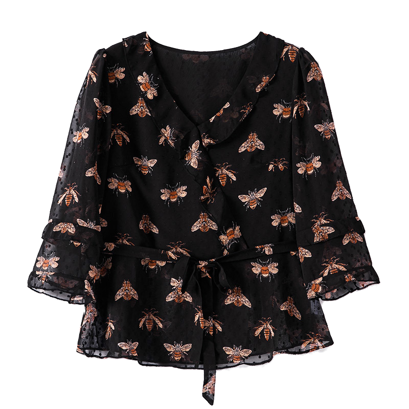 翠花女式韩国碎花修身收腰雪纺衫 璨盛蕾丝衫/雪纺衫