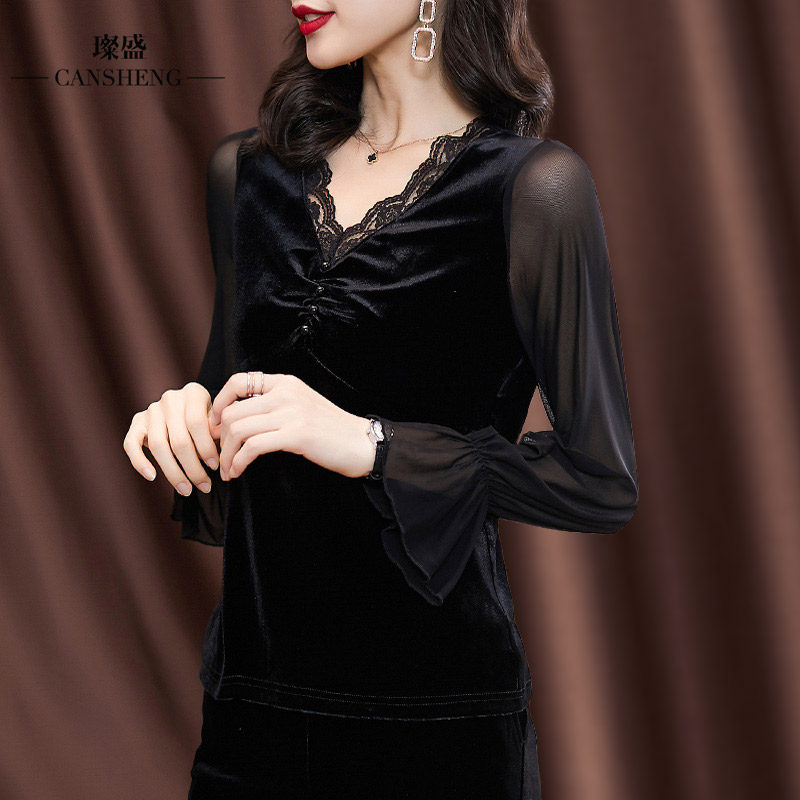 丝绒复古法式胸前镂空蕾丝女小衫 璨盛蕾丝衫/雪纺衫