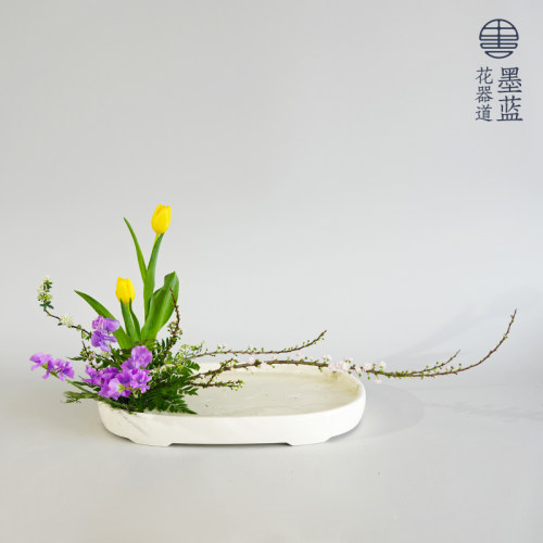 特大椭圆小判花器花盆 小原流写景盛花插花日式花道花艺展出布景 - 图2