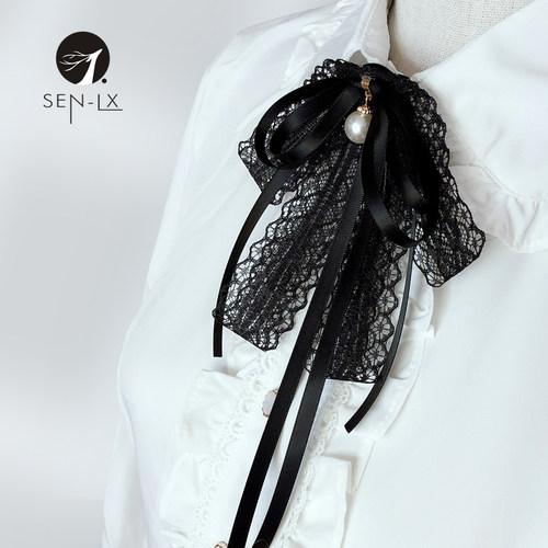 珍珠领结衬衫女飘带小香风黑色布艺蕾丝领花JK蝴蝶结胸针衣服配饰 - 图0