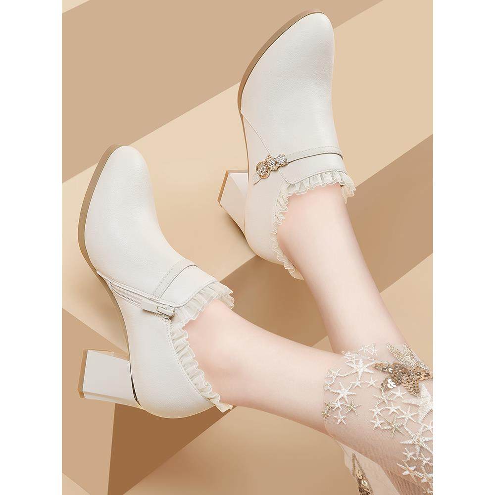 小圆尖头春秋女士皮鞋中跟单鞋2025年新款女鞋真皮深口高跟鞋粗跟,淘宝优惠券,粉丝福利购,淘宝优惠卷