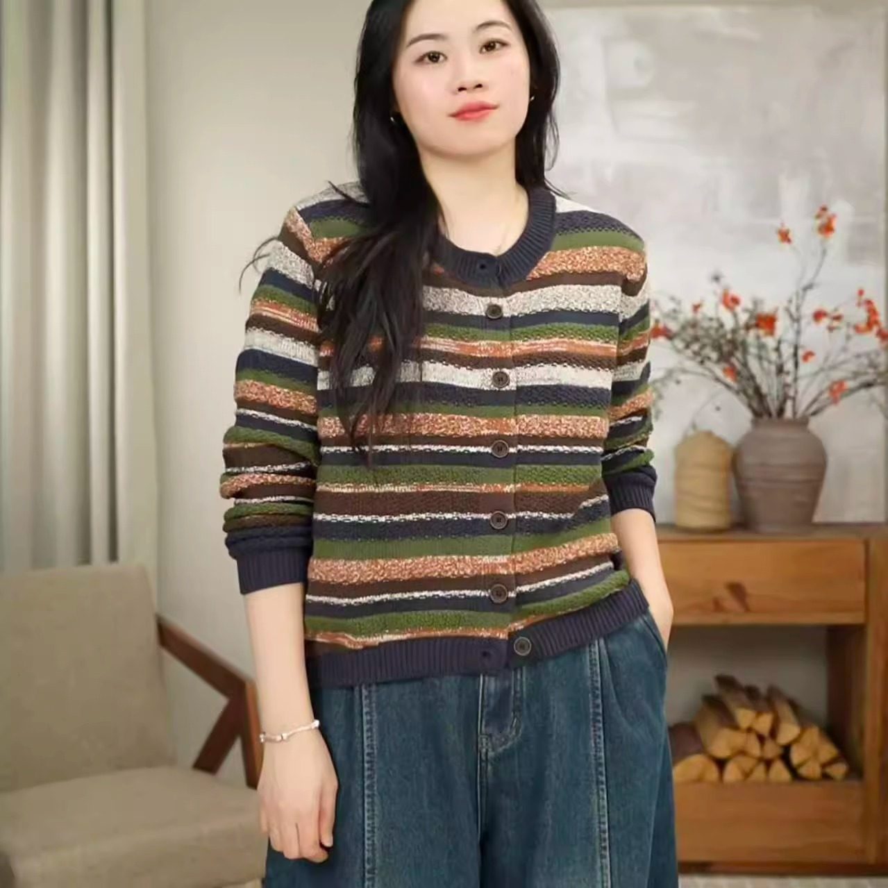 秋冬厚款针织彩条撞色复古宽松时尚条纹开衫女 2785,淘宝优惠券,粉丝福利购,淘宝优惠卷