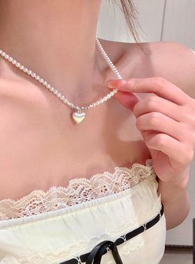 韩系爱心珍珠碎银子项链女轻奢小众感颈链配饰锁骨链choker