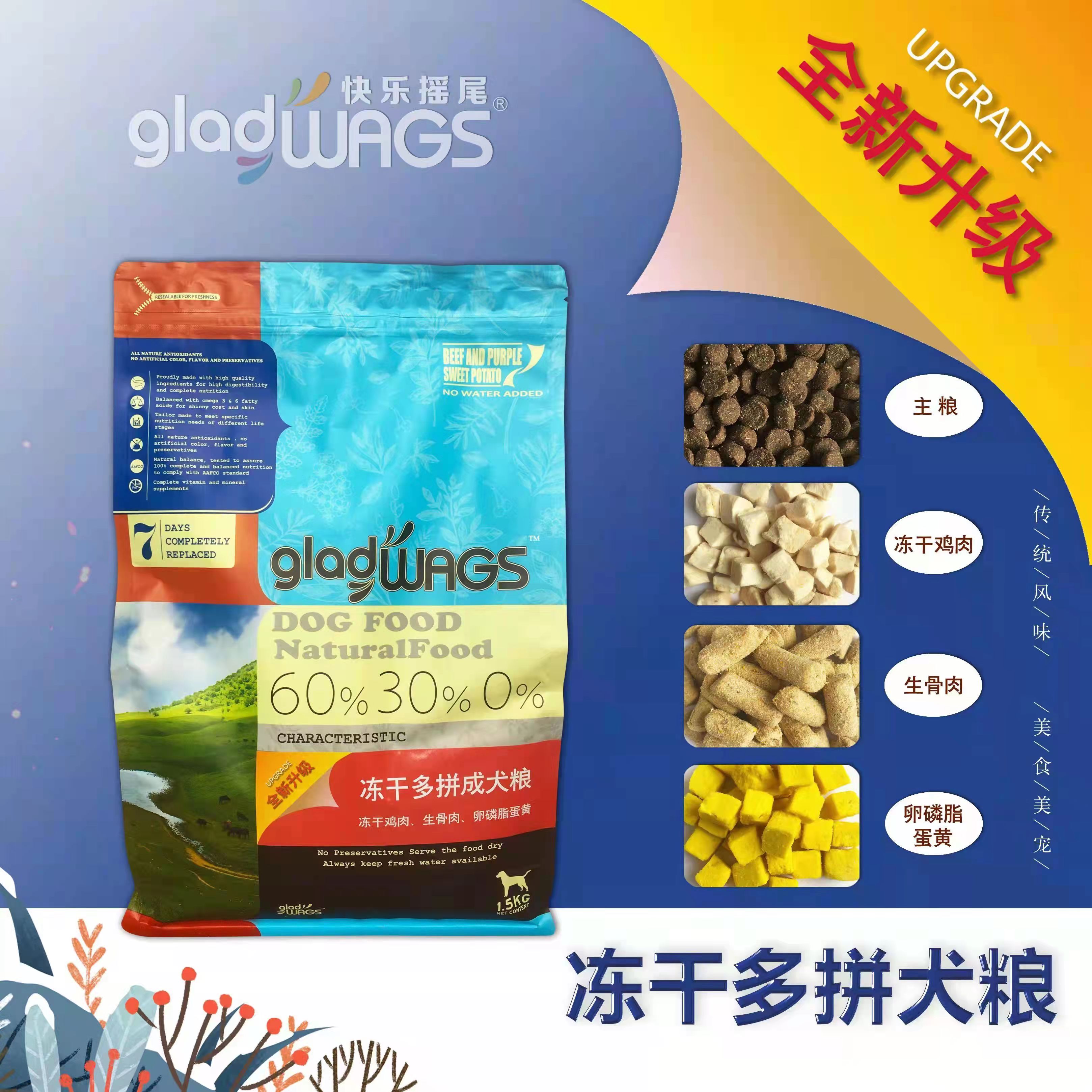 快乐摇尾GLAD WAGS成犬粮鸭肉梨去泪痕鸡肉牛肉冻干狗粮通用10kg