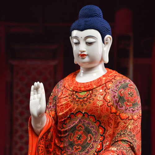 戴玉堂陶瓷摆件《极彩释迦牟尼如来》林建平释迦摩尼佛像客厅装饰 - 图0