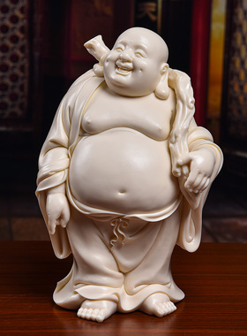 戴玉堂陶瓷摆件《玉黄瓷扛袋弥勒佛》林建胜佛像客厅装饰艺术品